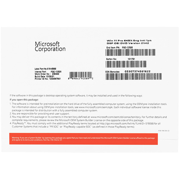 Microsoft Windows 11 Pro English 64Bit OEM (FQC-10528)﻿